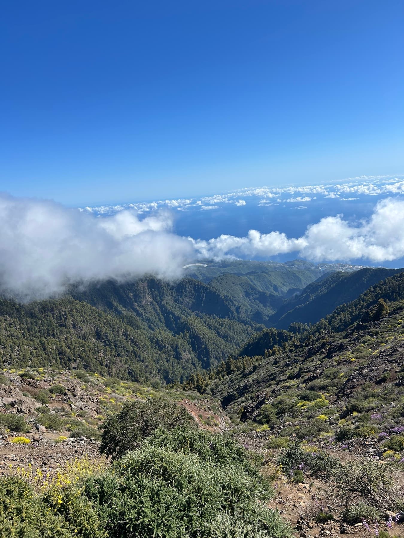 Mountain ravine with clouds in the distance