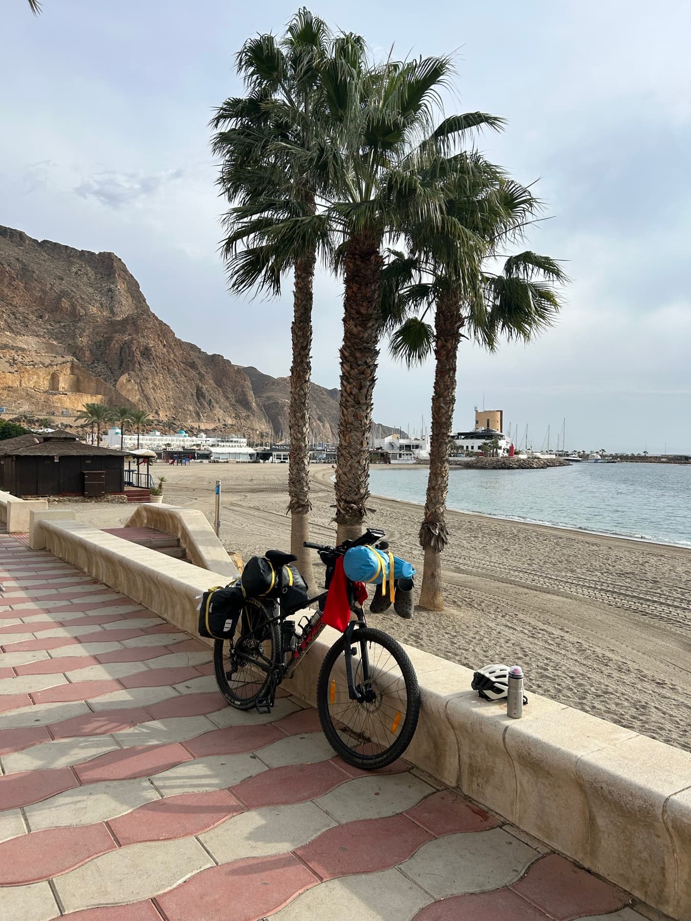 Loaded bicycle beside a beach with palm trees