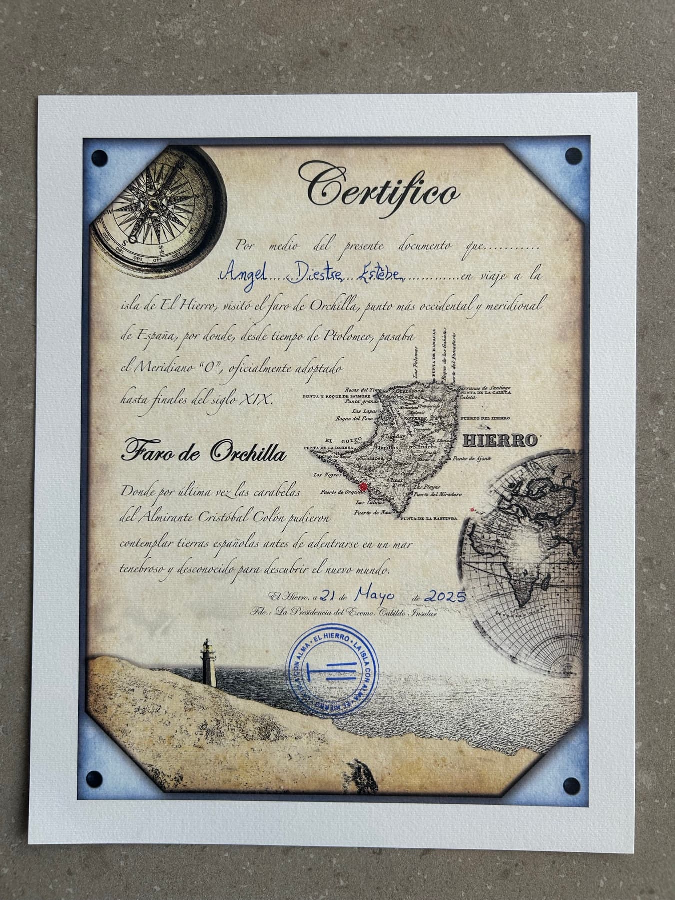 Certificate from the Orchilla lighthouse in El Hierro